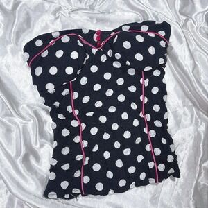 y2k pinup Tube Top Black Good Polka Dot Pink Piping Rose Buttons Sidecca